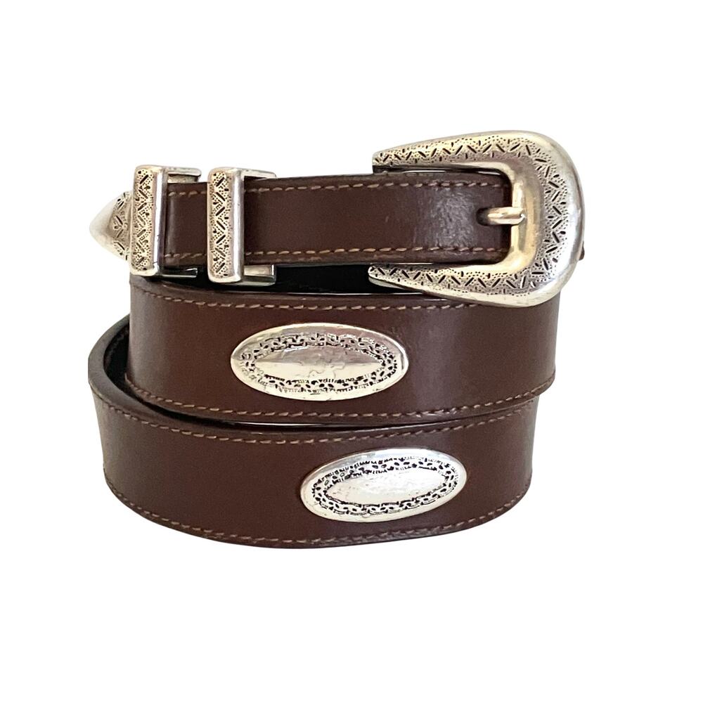 Nocona Leather Concho Belt SZ 36 Tapered Western w/ Silver Plate Accents